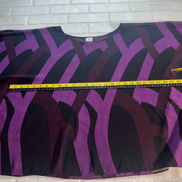 Draped Blouse Top Womens Large‎ Purple Black Sheer Geometric Statement Sleeve 14 - Picture 4 of 16